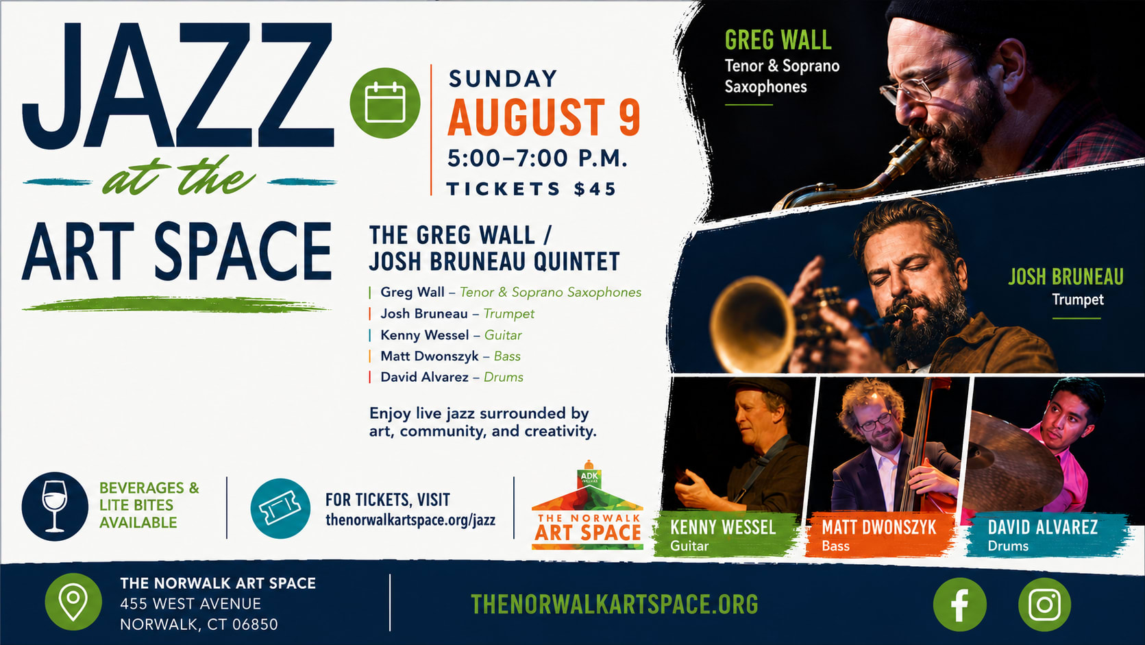 Jazz at The Norwalk Art Space on Sunday, August 9 Featuring the Greg Wall/Josh Bruneau Quintet