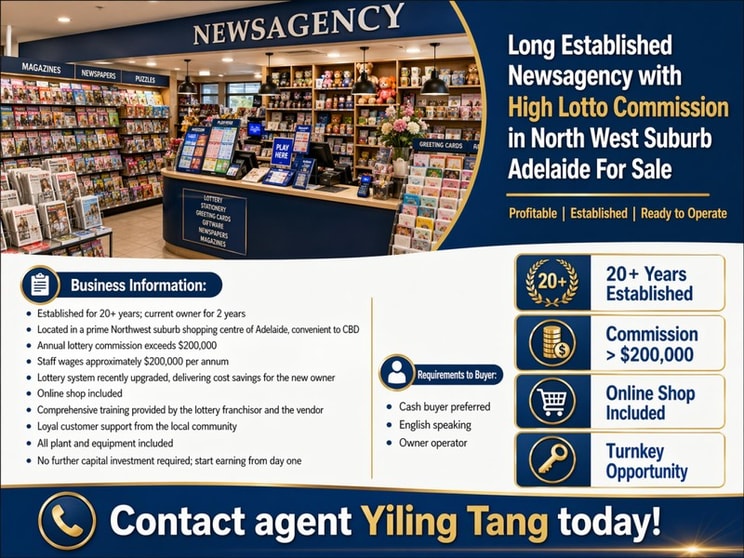 Long Established Newsagency with High Lotto Commission in North West Suburb Adelaide For Sale Long Established Newsagency with High Lotto Commission in North West Suburb Adelaide For Sale