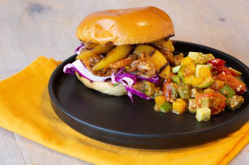 Pulled Jackfruit Sandwich with Okra and Mango Succotash