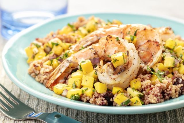 Wood-grilled Red Prawns with Spicy Mango Couscous