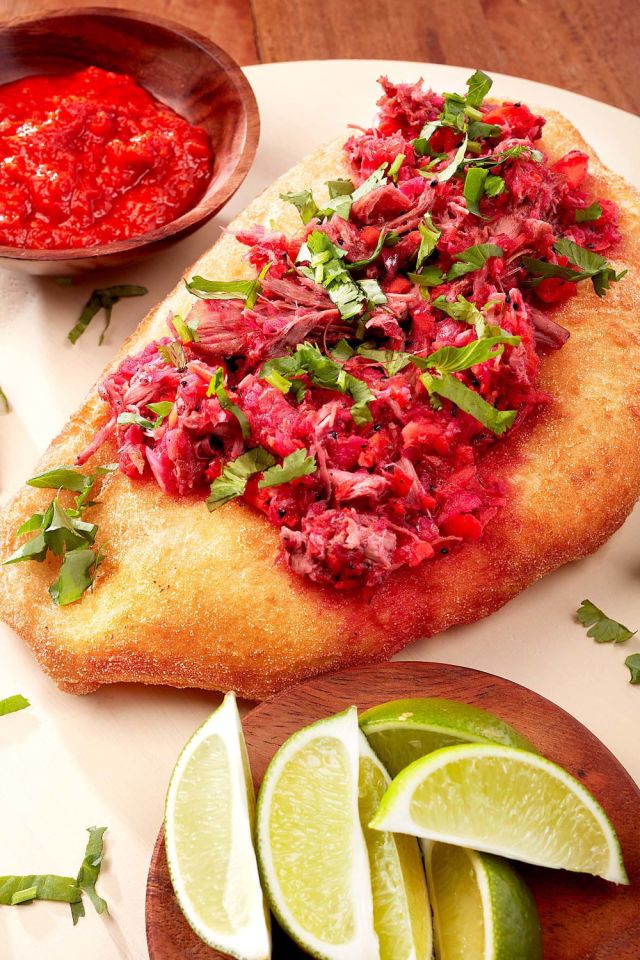 Frybread with Dragon Fruit Pork Belly Sauce