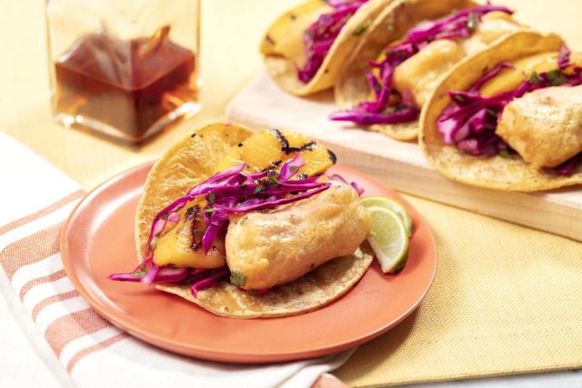 Shandy Battered Fish Tacos with Grilled Peach Slaw