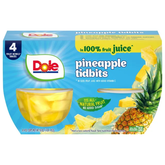 Dole Fruit Bowls Pineapple Tidbits in 100% Juice - 4 oz