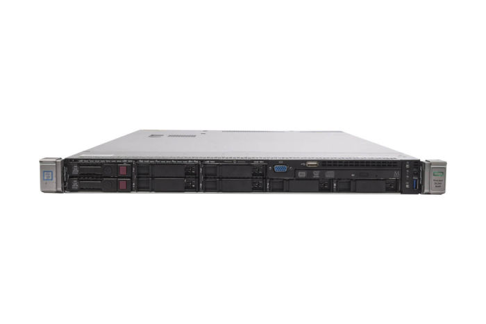 Front view of HP Proliant DL360 Gen9 with 2 x 600GB SAS 10k 2.5" HDDs