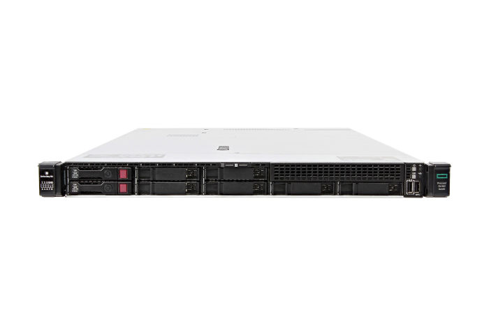 Front view of HP Proliant DL360 Gen10 with 2 x 600GB SAS 10k 2.5" HDDs