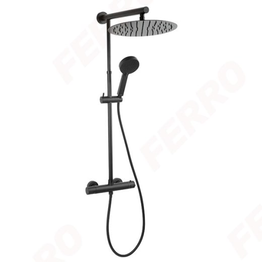 Душ система Ferro Trevi, термостатна, 3-функционален ръчен душ, водна струя Дъжд, месинг, хром, черен мат