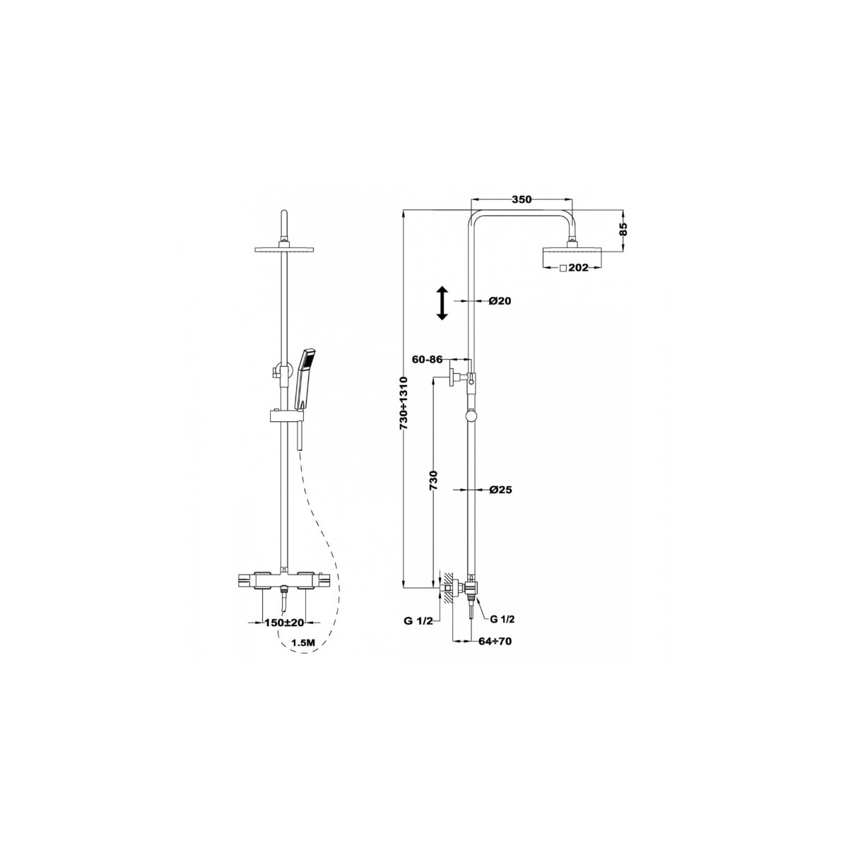 Душ система Teka Soller, двоен контрол за температура и сила на струя, автоматичен превключвател, месинг