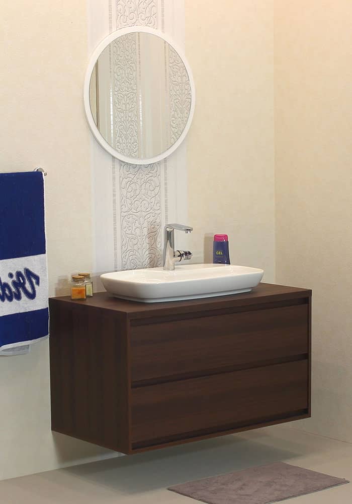 Шкаф за баня М-Мебел ПРИОРА, долен шкаф, 100% PVC, плавно прибиране, с умивалник, панти Blum
