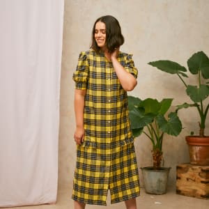 Rosa Puff Sleeve -paitamekko, keltainen ruutu Lyocell/ Puuvilla