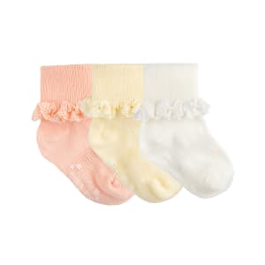 Frilly Non-Slip Stay-On Baby and Toddler Socks - 3 Pack in Peaches 'n' Cream, Lemon Drop and Pearl White