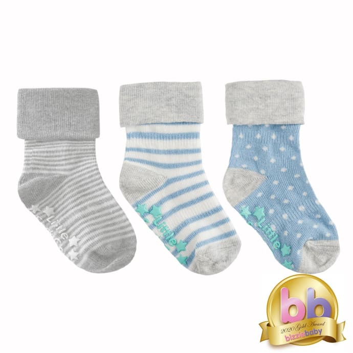 Non-Slip Stay On Baby and Toddler Socks - 3 Pack in Light Blues with Grey