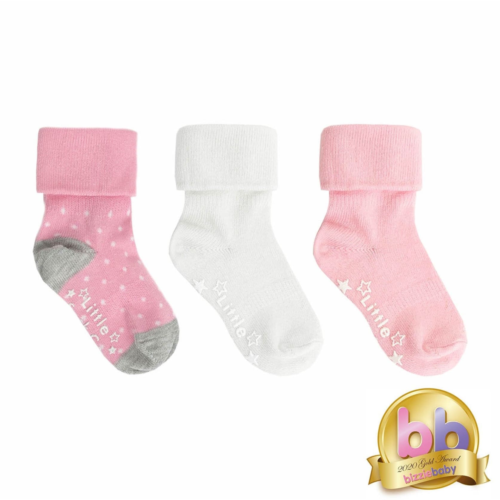 Non-Slip Stay on Baby and Toddler Socks - 3 Pack in Soft Pink & White