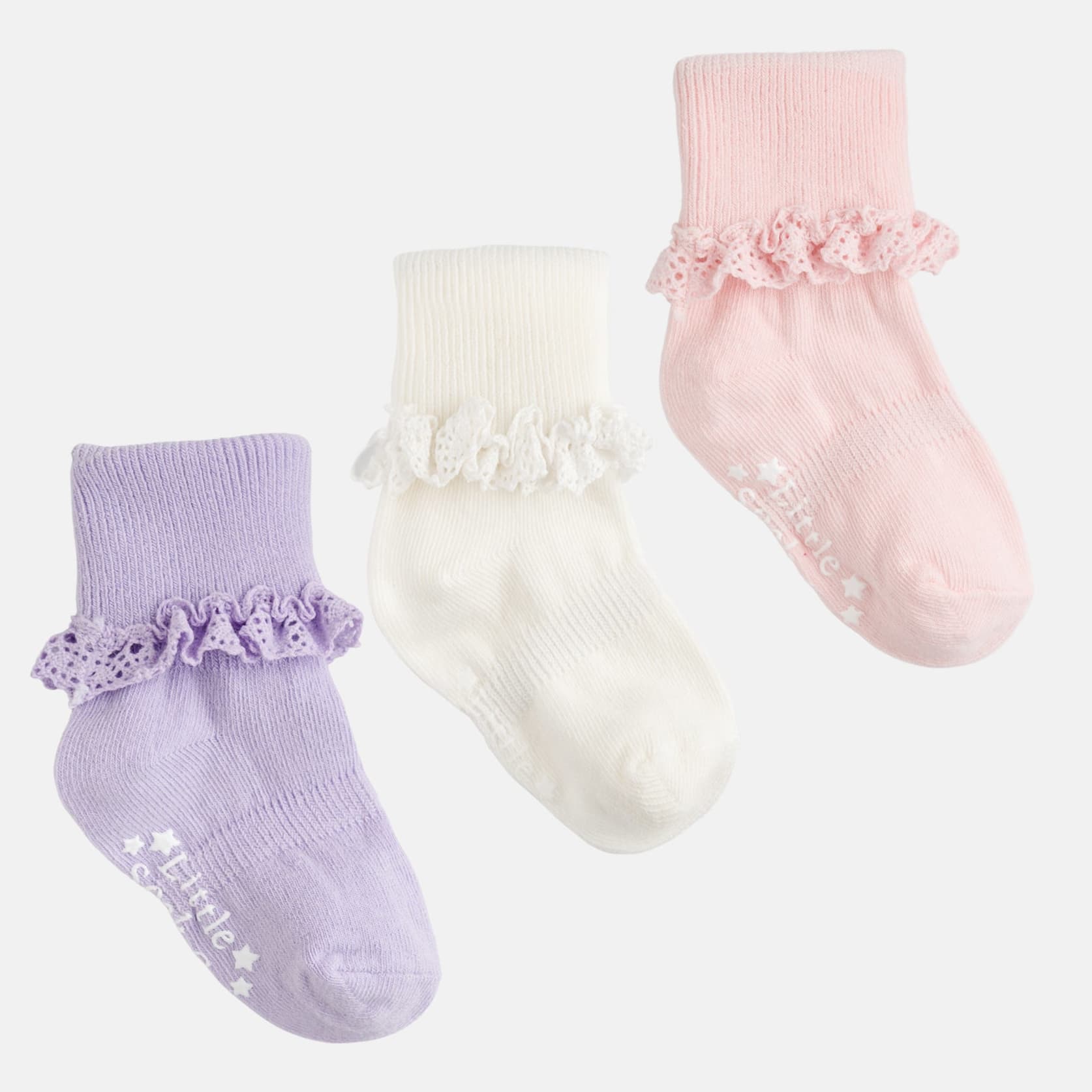 Frilly Non-Slip Stay-On Baby and Toddler Socks - 3 Pack in Amethyst, White and Pink Lemonade
