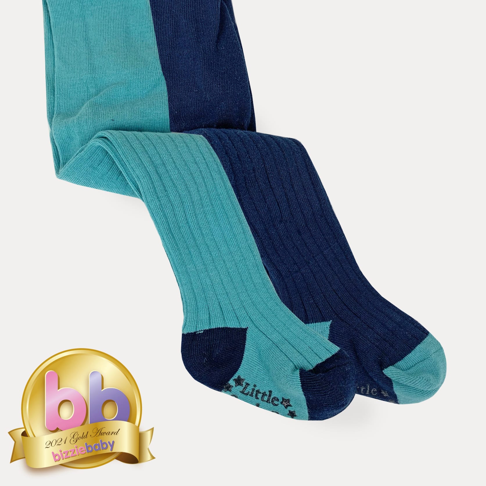 Non-Slip Super Soft Ribbed Baby and Toddler Tights - 2 Pack in Aqua & Navy