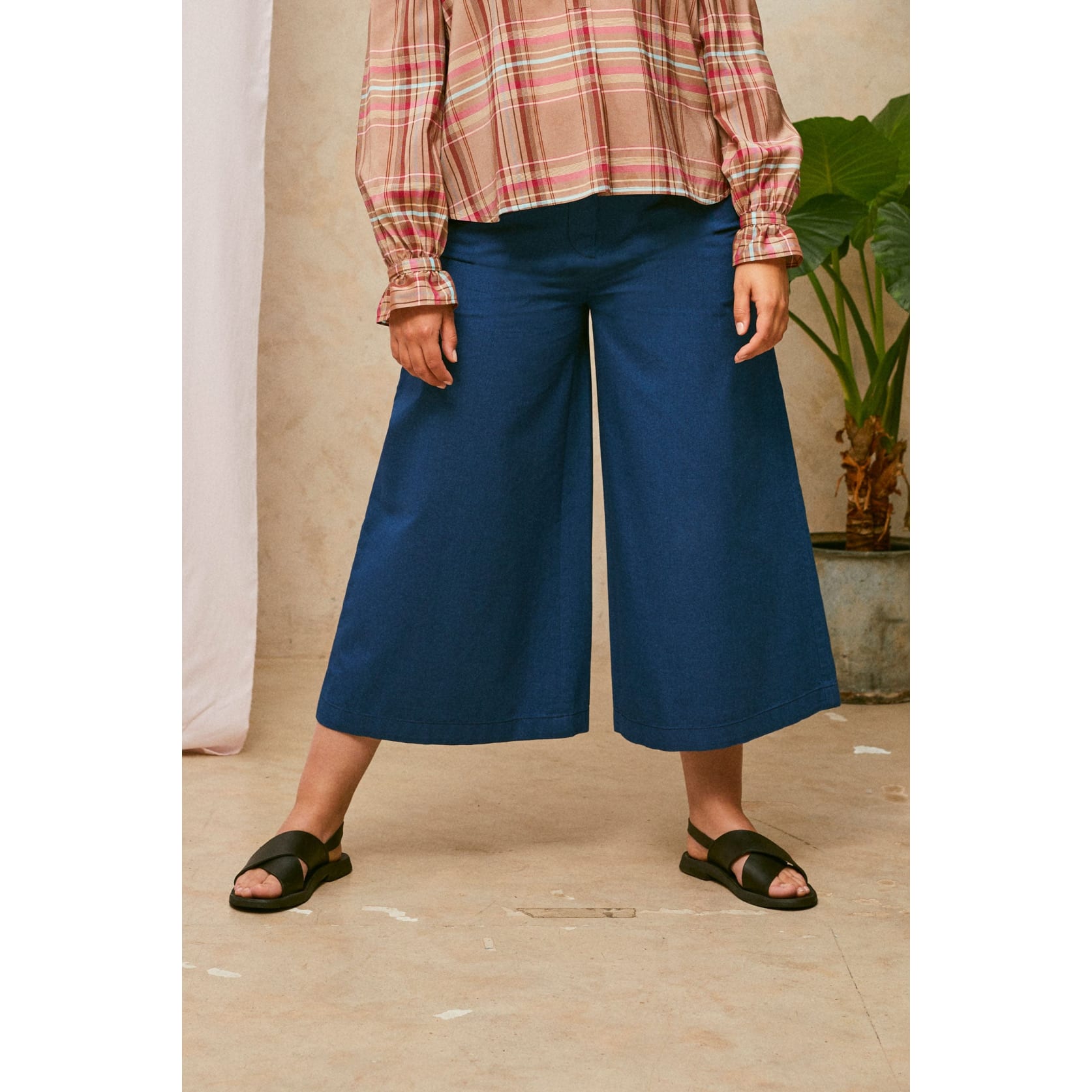 Amelia Wide Leg Culotte Trousers, Indigo Japanese Denim