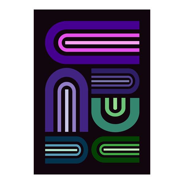 Abstract arch line art poster in purple and pink retro style on dark background