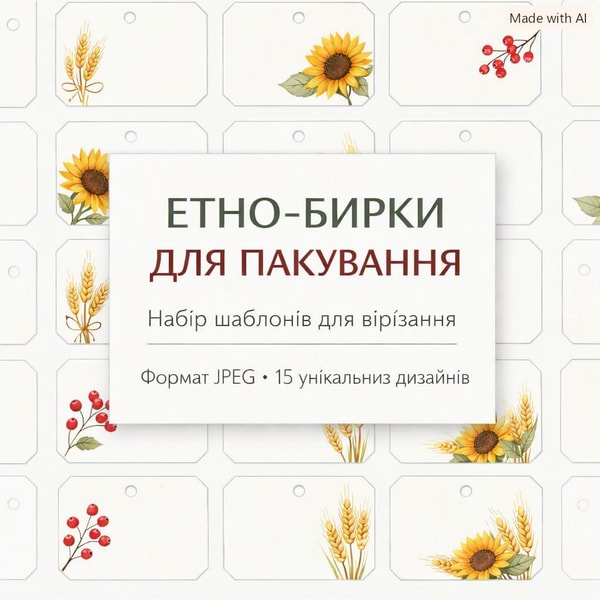 Етно-бирки для пакування, паперові ярлики для хендмейду з соняшниками та колосками (шаблон для друку)