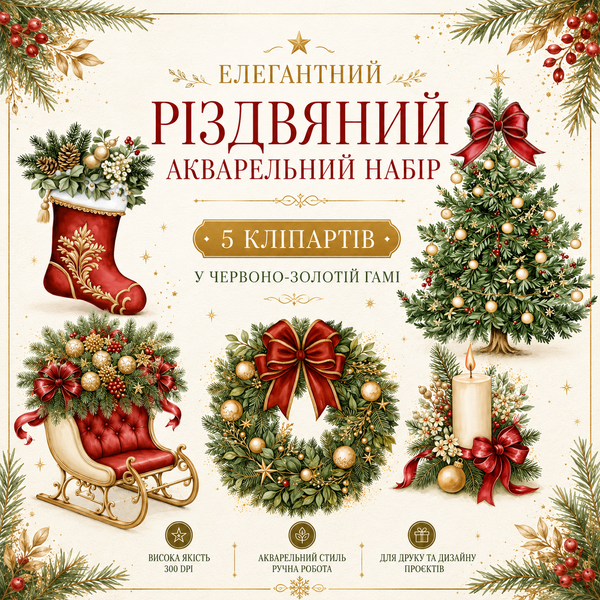 Розкішний різдвяний акварельний кліпарт — колекція святкового декору (5 елементів)
