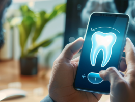 Person nutzt Smartphone mit Zahn-Grafik, im Hintergrund Zahnarztpraxis mit Röntgenbildern – Symbol für digitale Technologien und Sichtbarkeit in der modernen Zahnmedizin.