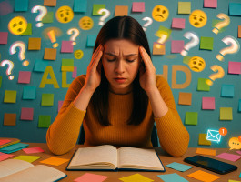 Eine gestresste Frau sitzt am Schreibtisch und hält sich beide Hände an ihre Schläfen. Vor ihr liegt ein aufgeschlagenes Buch. An der Wand und auf ihrem Tisch kleben viele bunte Post-its. Zudem sind diverse Emojis und Fragezeichen zu sehen.