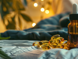 Braune CBD-Öl-Flasche mit Pipette und goldenen Kapseln auf einem Bett, umgeben von Hanfblättern und warmem Licht – Symbolbild für CBD bei Stress und Schlafproblemen.