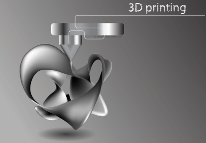 Abstraktes Bild eines 3D-Druckverfahrens: Ein Druckkopf auf grauem Hintergrund erstellt eine komplexe, verdrehte Skulptur. Oben rechts in der Ecke steht "3D printing" in weißer Schrift. Die Farben sind überwiegend Grautöne mit metallischem Finish.