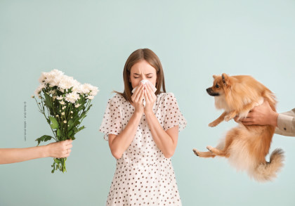 Eine Frau mit langen braunen Haaren trägt ein weißes Kleid mit schwarzen Punkten und niest in ein Taschentuch. Links von ihr wird ihr ein Strauß weißer Blumen entgegengehalten, und rechts von ihr hält jemand einen kleinen, flauschigen Hund.