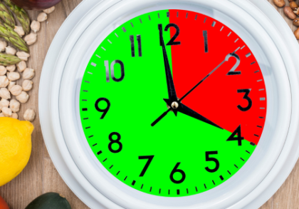 Symbol für Intervallfasten: Eine Uhr zeigt ein Zeitfenster an, in dem Essen erlaubt ist (grün) und ein Fastenzeitraum (rot). Umgeben von gesunden Lebensmitteln wie Gemüse, Obst, Hülsenfrüchten und Nüssen.