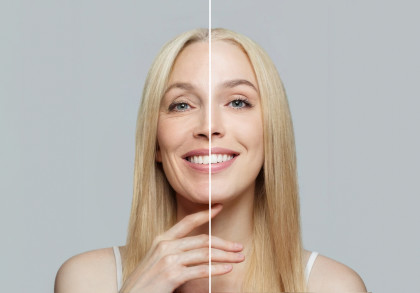 Eine blonde Frau vor und nach einer kosmetischen Behandlung. Das Bild ist in der Mitte geteilt. Auf der linken Seite mit Falten, auf der echten Seite mit jugendlich frischer Haut. 