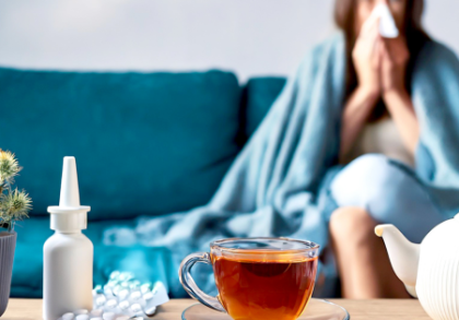 Im Hintergrund sitzt eine Frau, die sich die Nase schnäuzt, auf dem Sofa. Im Vordergrund stehen ein Nasenspray, mehrere Tabletten, ein volles Glas Tee und eine Teekanne.