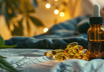 Braune CBD-Öl-Flasche mit Pipette und goldenen Kapseln auf einem Bett, umgeben von Hanfblättern und warmem Licht – Symbolbild für CBD bei Stress und Schlafproblemen.