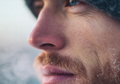 Nahaufnahme eines Mannes mit Mütze im Winter: gerötete Nase, kalte Gesichtshaut und sichtbarer Atem in frostiger Luft.
