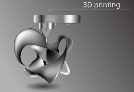 Abstraktes Bild eines 3D-Druckverfahrens: Ein Druckkopf auf grauem Hintergrund erstellt eine komplexe, verdrehte Skulptur. Oben rechts in der Ecke steht "3D printing" in weißer Schrift. Die Farben sind überwiegend Grautöne mit metallischem Finish.