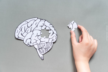 Das Bild zeigt eine Illustration eines Gehirns, das teilweise aus Puzzleteilen zusammengesetzt ist. Ein Puzzleteil fehlt, und eine Hand hält das fehlende Stück, um es in die Lücke zu setzen. Der Hintergrund ist grau.