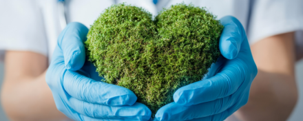Nahaufnahme von zwei Händen in blauen medizinischen Handschuhen, die ein herzförmiges Stück grünes Moos halten. Symbolisiert Nachhaltigkeit und Umweltschutz im medizinischen Bereich.