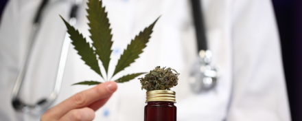 Arzt mit Stethoskop hält Cannabisblatt neben Glasflasche mit Cannabisblüte – Symbolbild für medizinisches Cannabis und ärztliche Verschreibung in Deutschland.