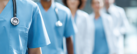 Medizinisches Fachpersonal in Klinikflur: Mehrere Ärztinnen und Ärzte sowie Pflegekräfte in Berufskleidung stehen nebeneinander. Symbolbild für Ärztemangel, Personalknappheit und Herausforderungen im Gesundheitssystem.