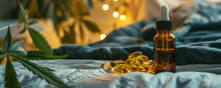 Braune CBD-Öl-Flasche mit Pipette und goldenen Kapseln auf einem Bett, umgeben von Hanfblättern und warmem Licht – Symbolbild für CBD bei Stress und Schlafproblemen.