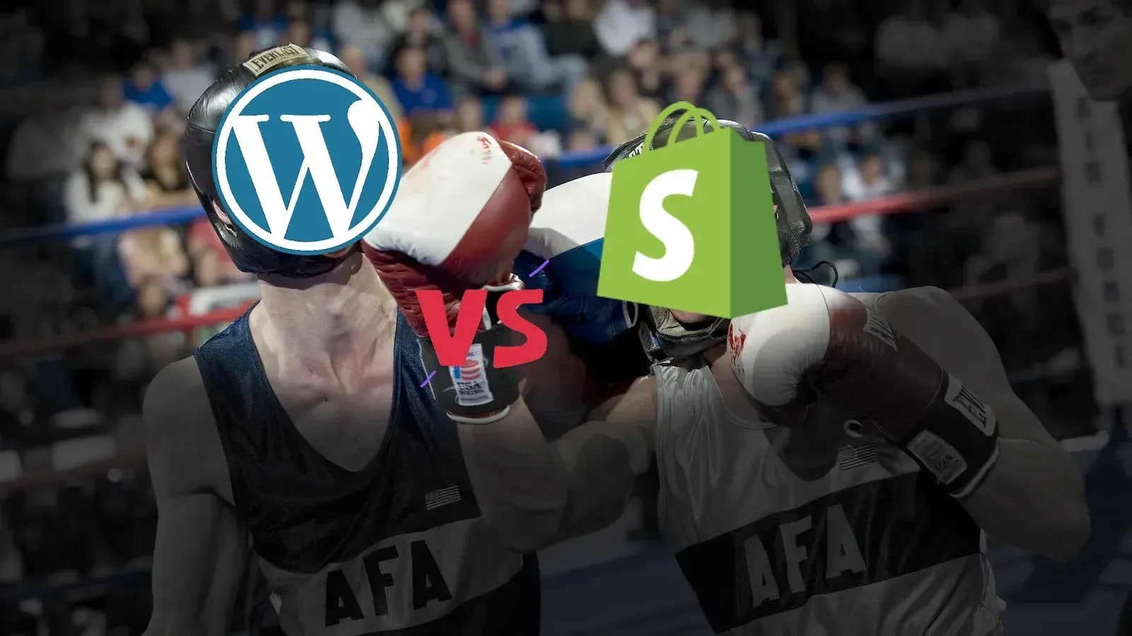 Picture of two boxers with the WordPress and Shopify icons replacing their heads, fighting each other in a boxing ring