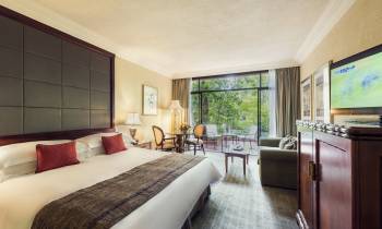 a bedroom with a large bed in a hotel room