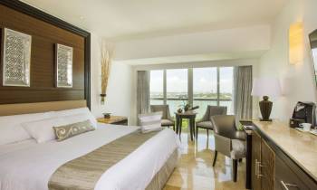 a bedroom with a large bed in a hotel room