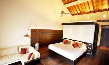 a living room with a wooden table