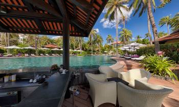 a pool next to a palm tree