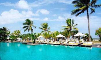a pool next to a body of water surrounded by palm trees