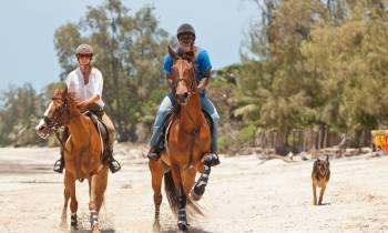 a man riding a horse on a beach