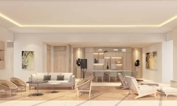 a living room filled with furniture and a large mirror