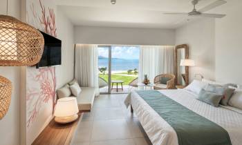 a bedroom with a large bed in a hotel room