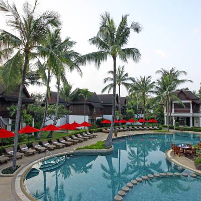 a group of palm trees next to a pool of water