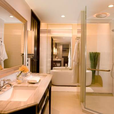 a double sink and large mirror