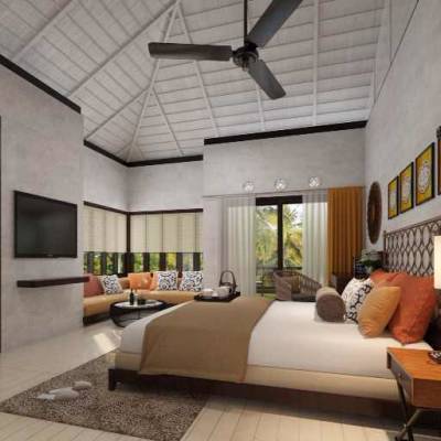 a living room filled with furniture and a large window